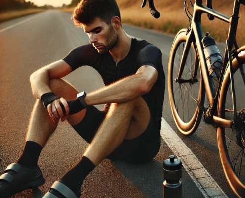 TEMPORADÓN DE MADS PEDERSEN DALL·E 2025 02 23 15.16.59 A tired cyclist sitting on the ground next to their road bike looking down with a discouraged expression. The bike is slightly tilted and a water bo 495x400 - TEMPORADÓN DE MADS PEDERSEN